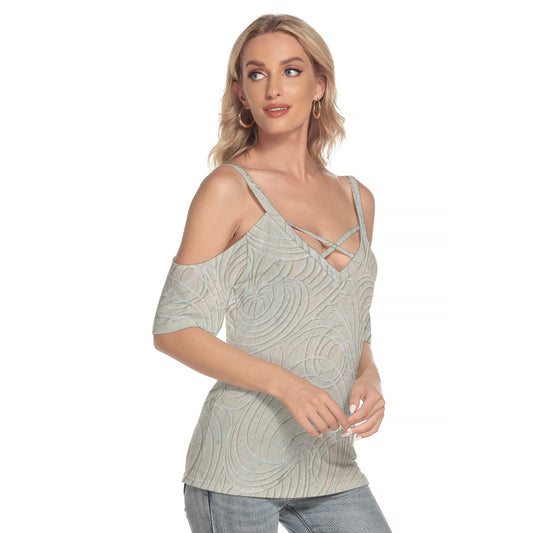 All-Over Print Women's Cold Shoulder T-shirt With Criss Cross Strips