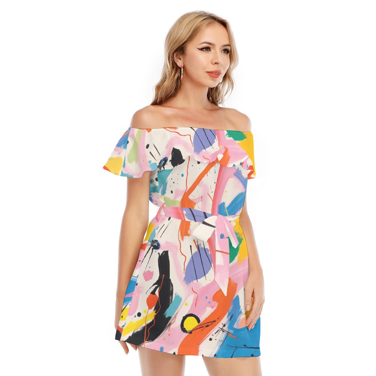 All-Over Print Women's Off-shoulder Dress With Ruffle