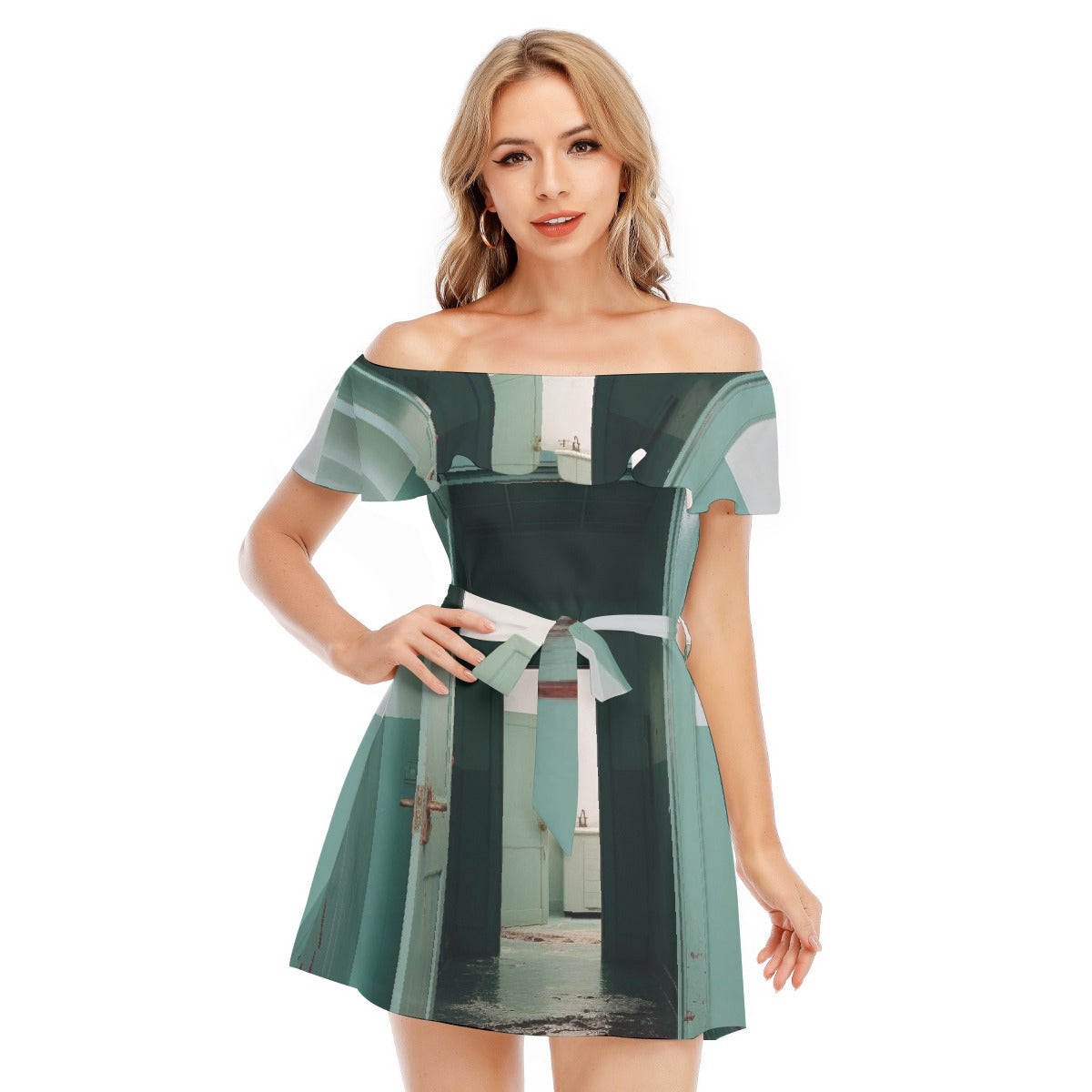 All-Over Print Women's Off-shoulder Dress With Ruffle