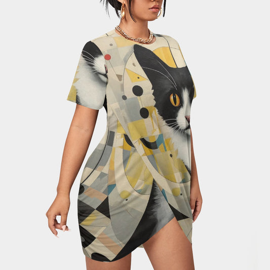 All-Over Print Women’s Stacked Hem Dress With Short Sleeve（Plus Size）