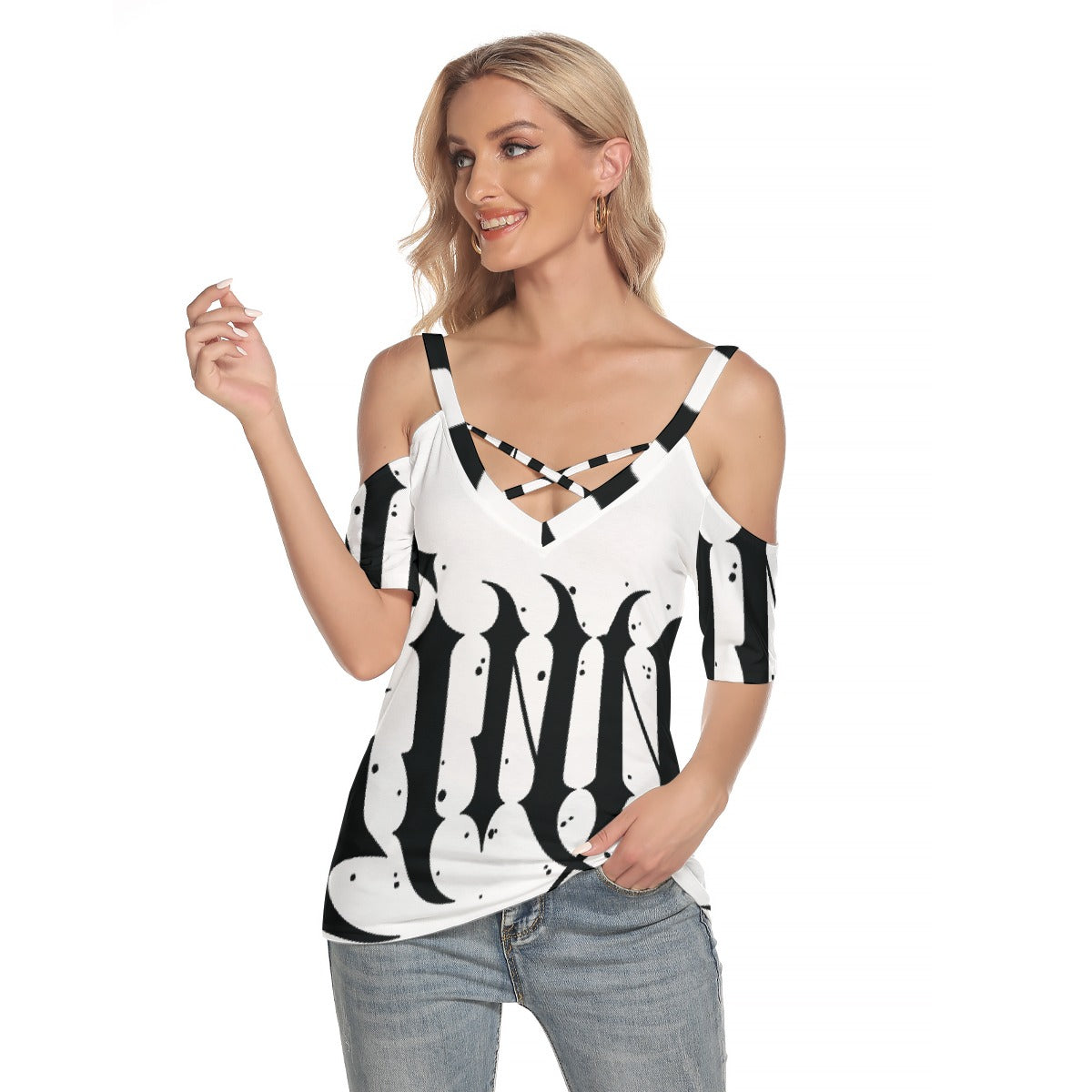 All-Over Print Women's Cold Shoulder T-shirt With Criss Cross Strips