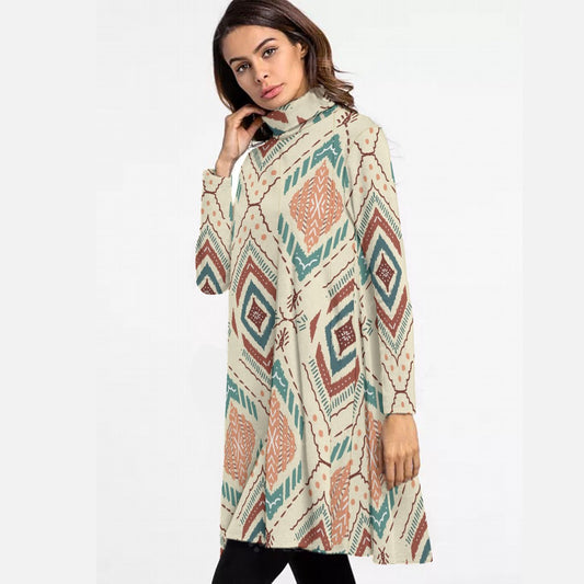 All-Over Print Women's High Neck Dress With Long Sleeve