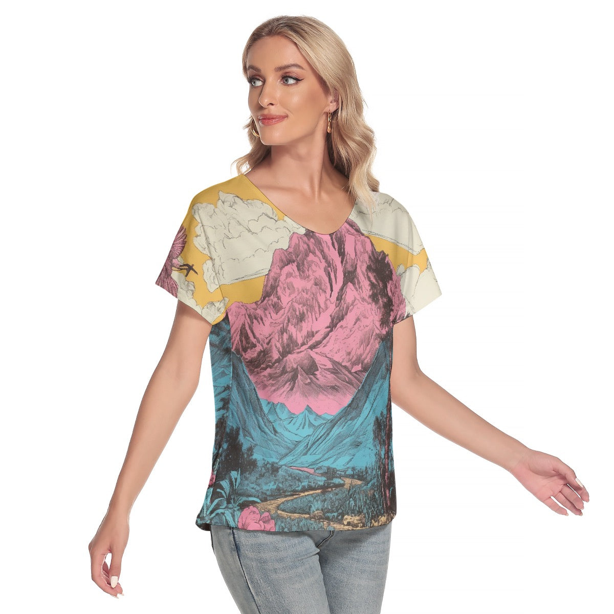 All-Over Print Women's Loose V-neck Short Sleeve T-shirt