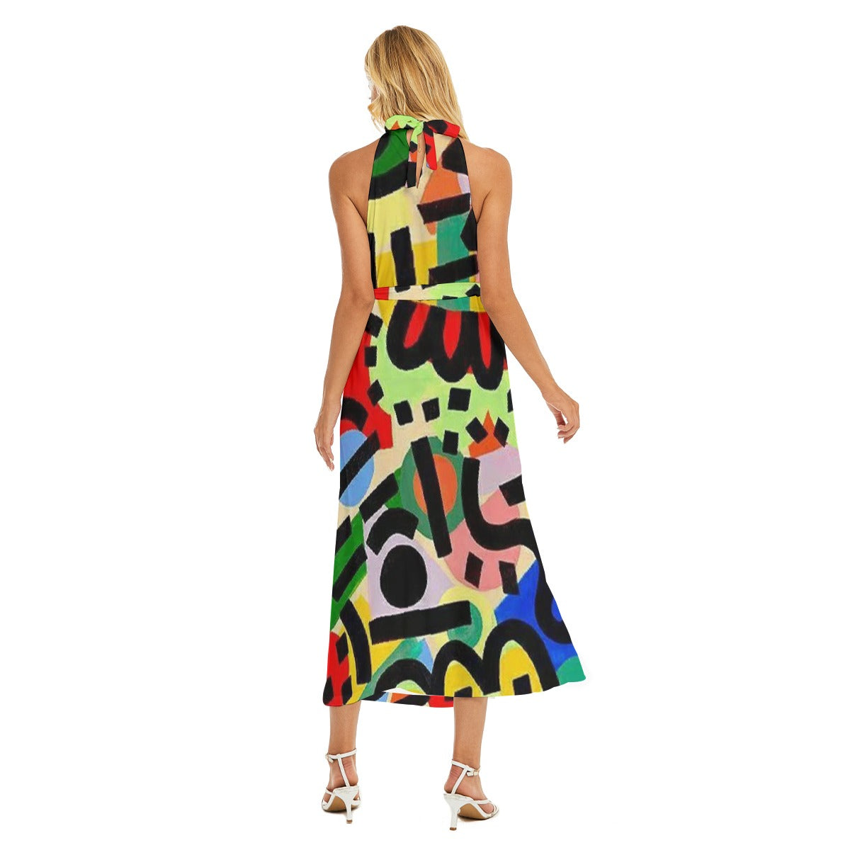 All-Over Print Women's Wrap Hem Belted Halter Dress