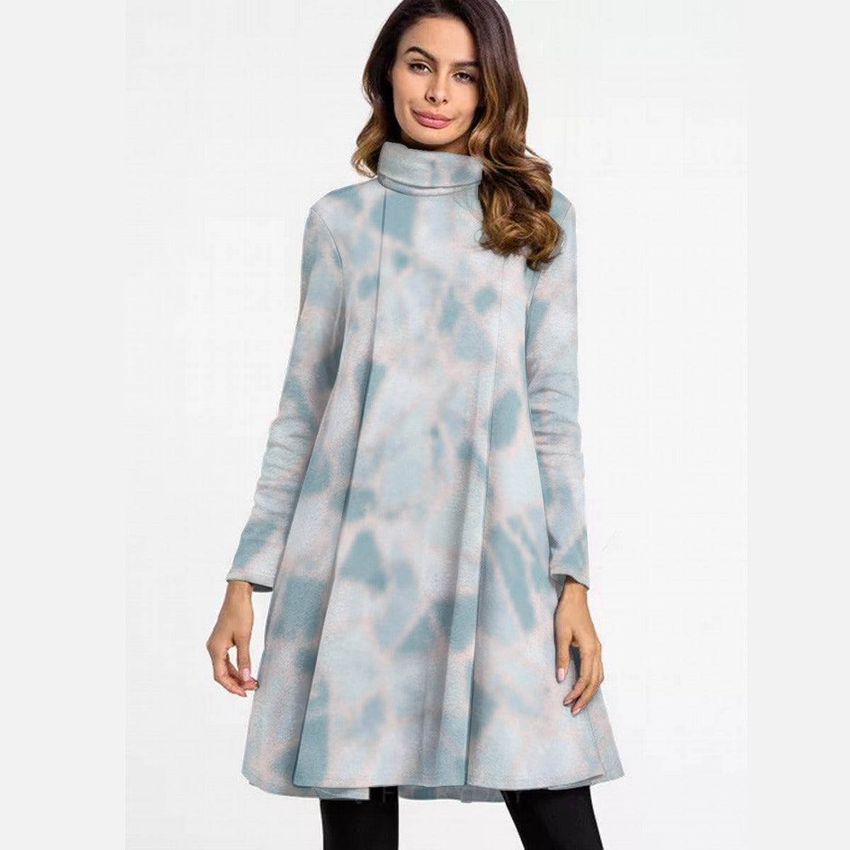 All-Over Print Women's High Neck Dress With Long Sleeve