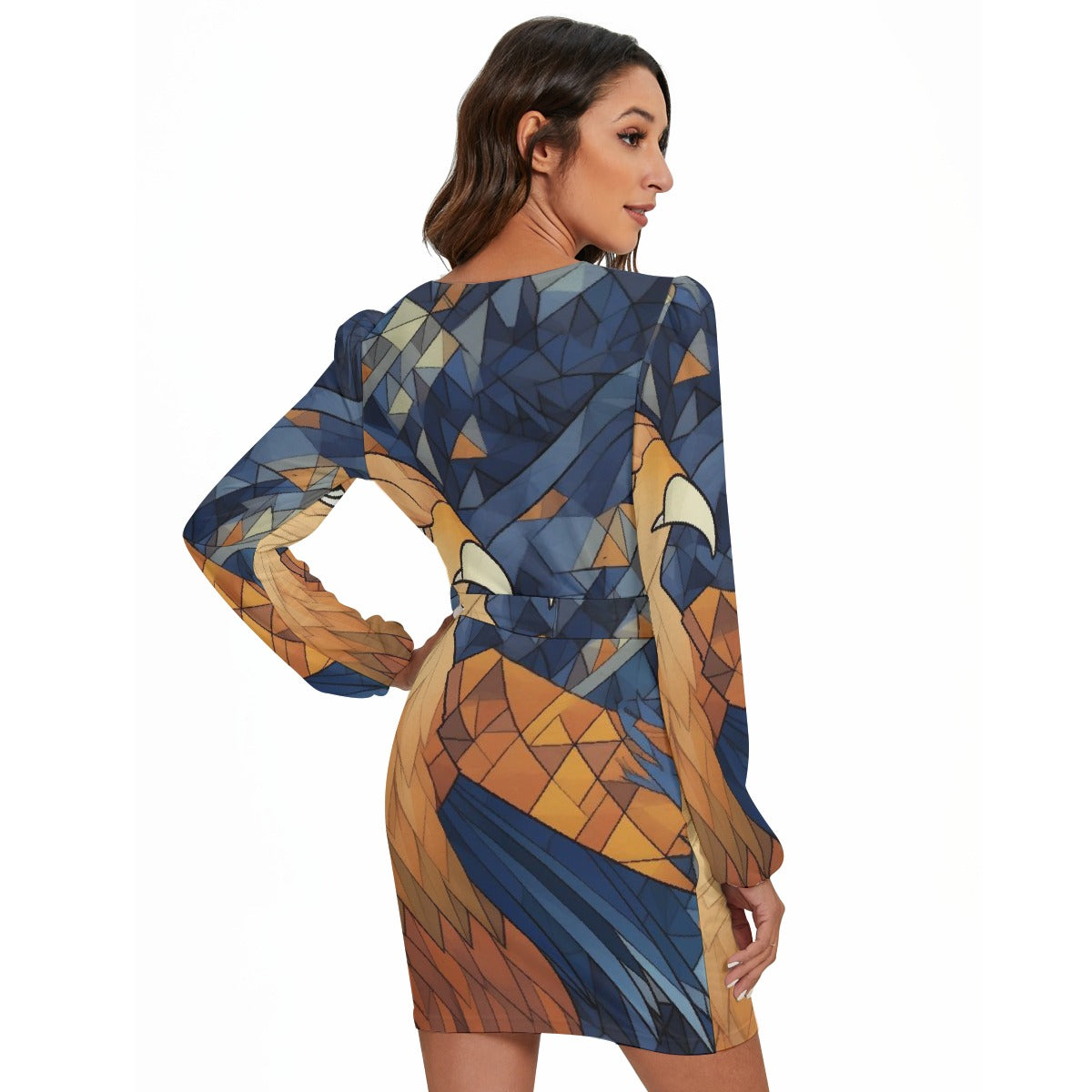 All-Over Print Women's Long Sleeve Dress With Waist Belt