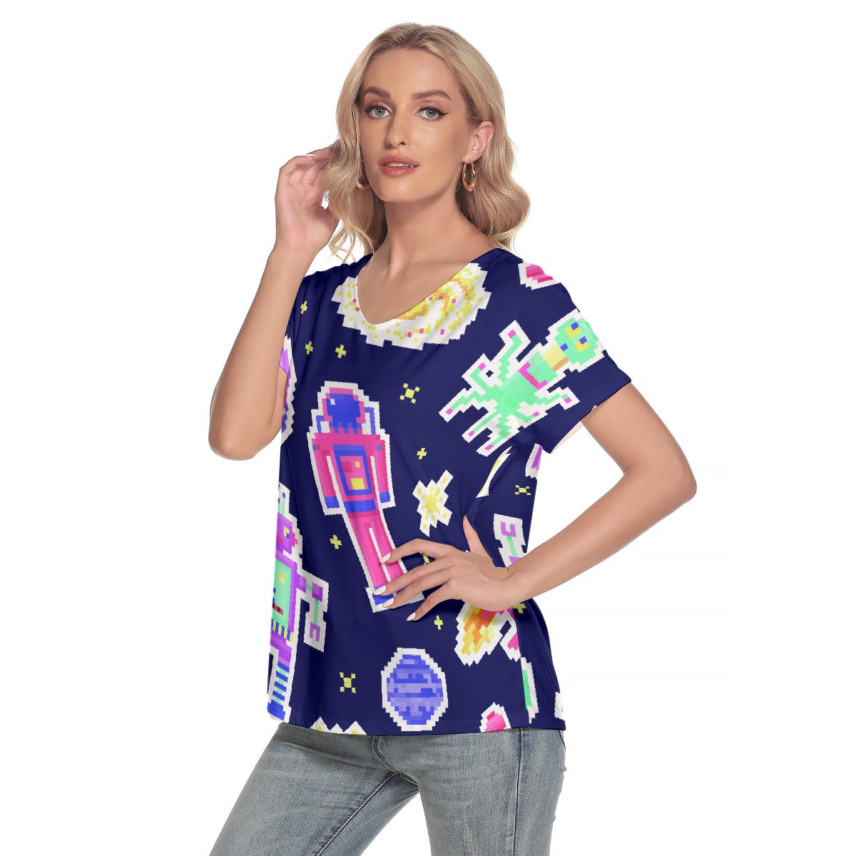 All-Over Print Women's Loose V-neck Short Sleeve T-shirt