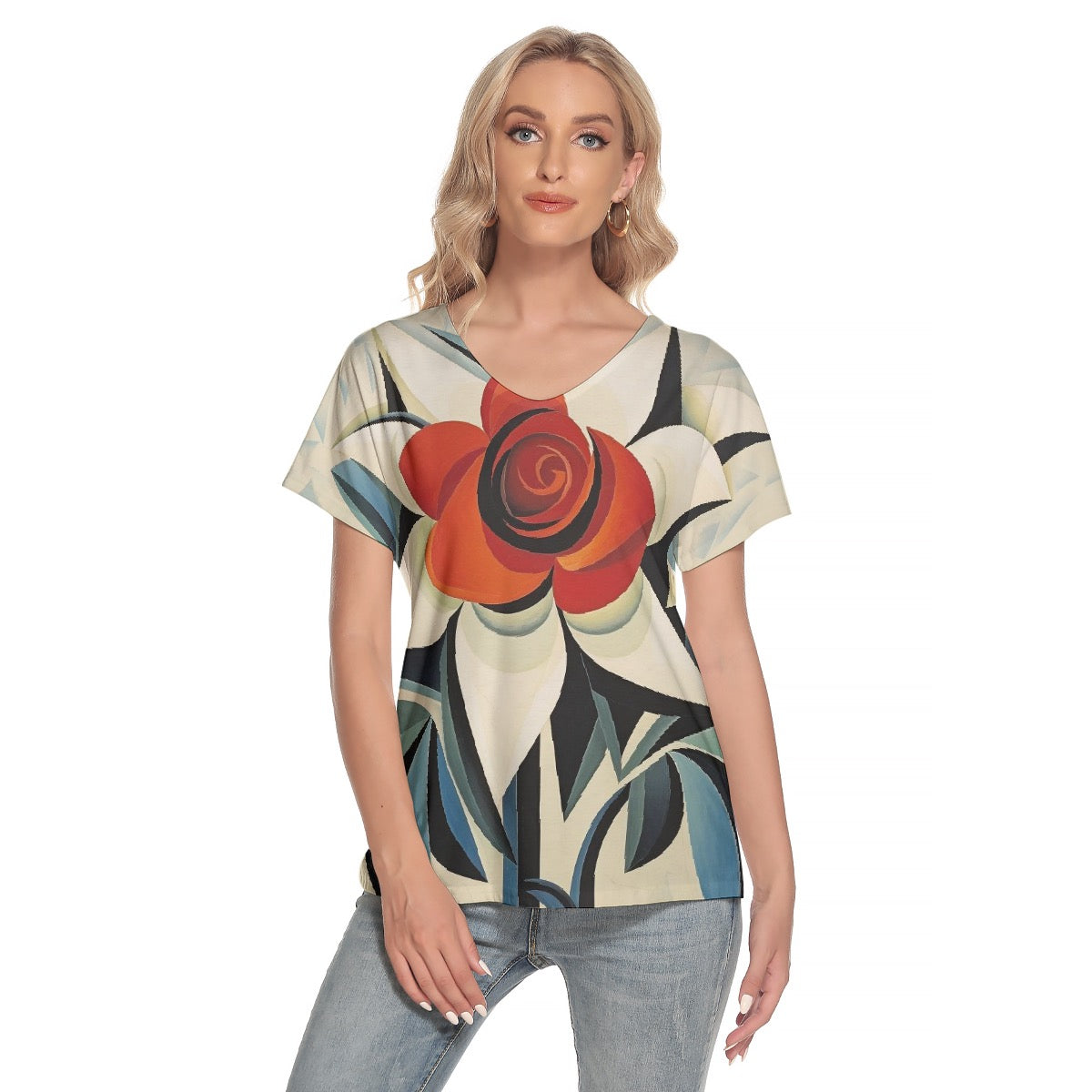 All-Over Print Women's Loose V-neck Short Sleeve T-shirt