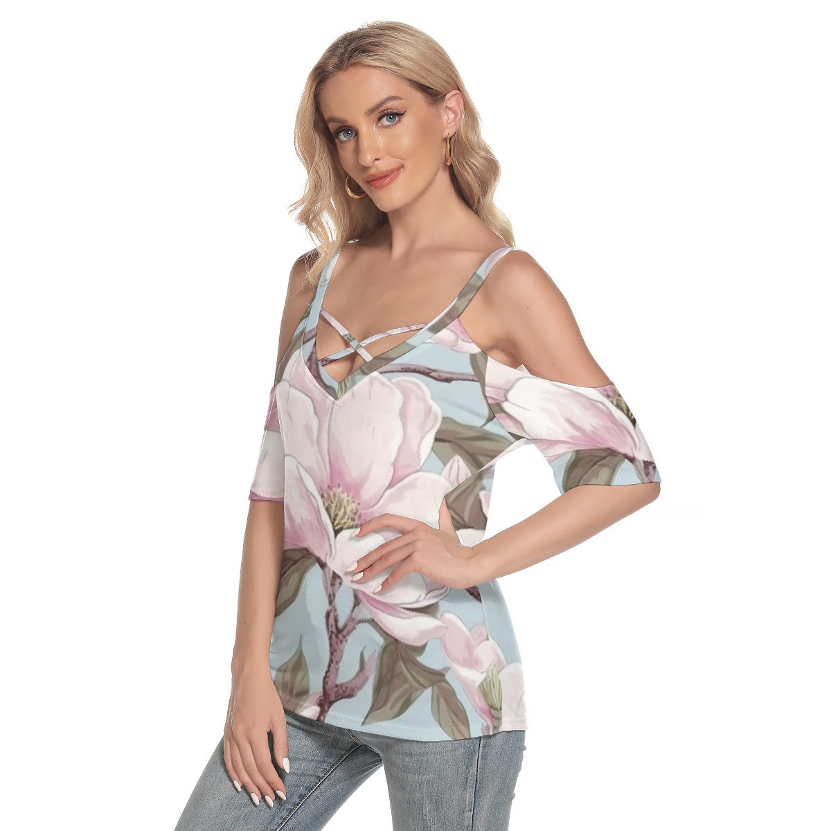 All-Over Print Women's Cold Shoulder T-shirt With Criss Cross Strips