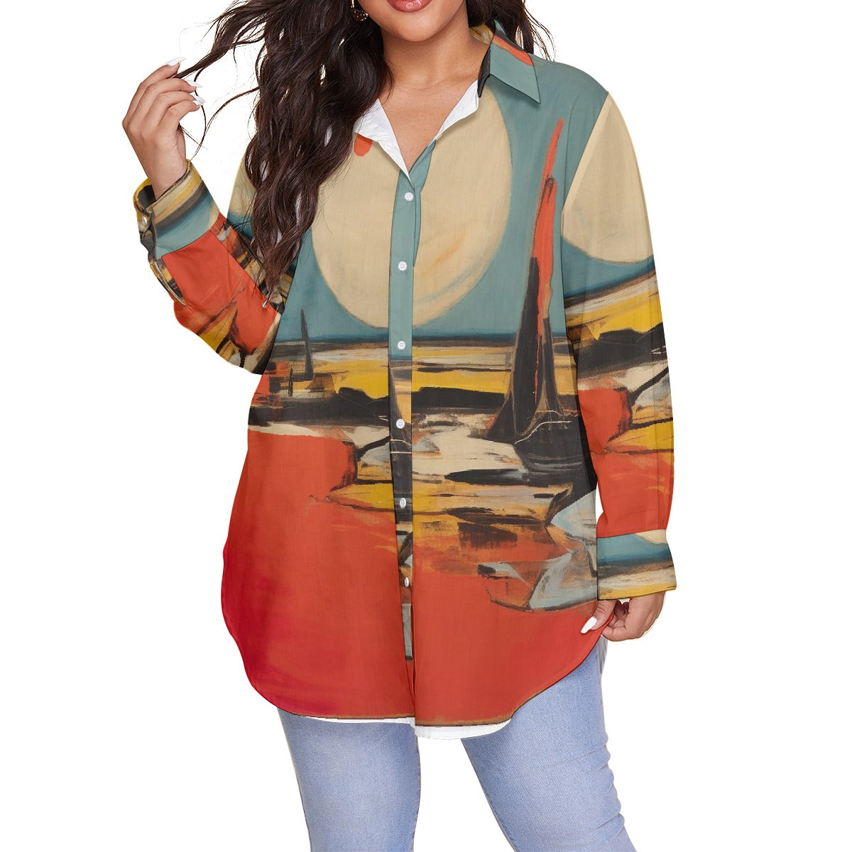 All-Over Print Women's Shirt With Long Sleeve(Plus Size)