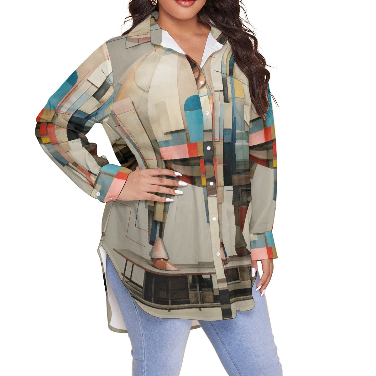 All-Over Print Women's Shirt With Long Sleeve(Plus Size)