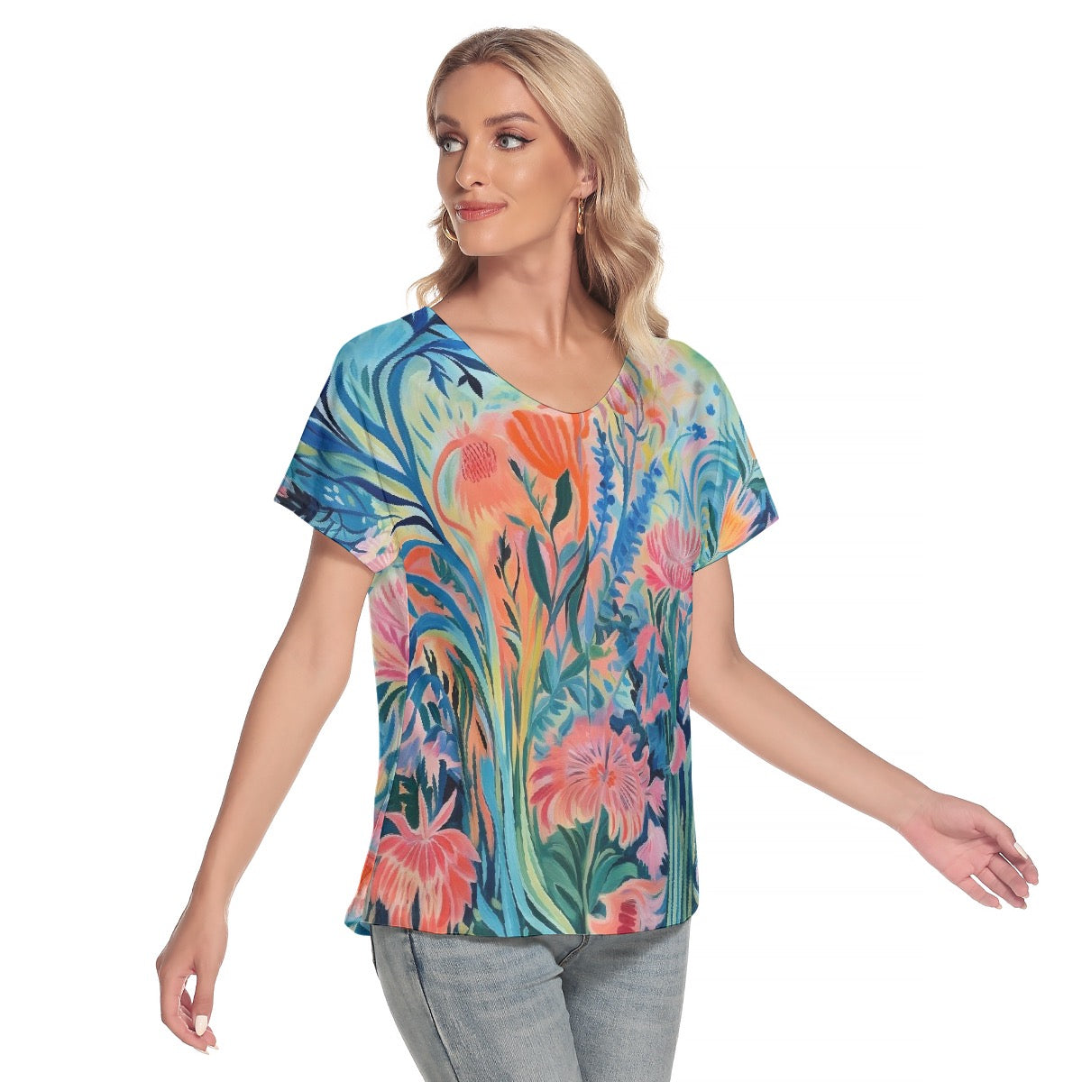 All-Over Print Women's Loose V-neck Short Sleeve T-shirt