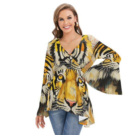 All-Over Print Women's V-neck Blouse With Flared Sleeves