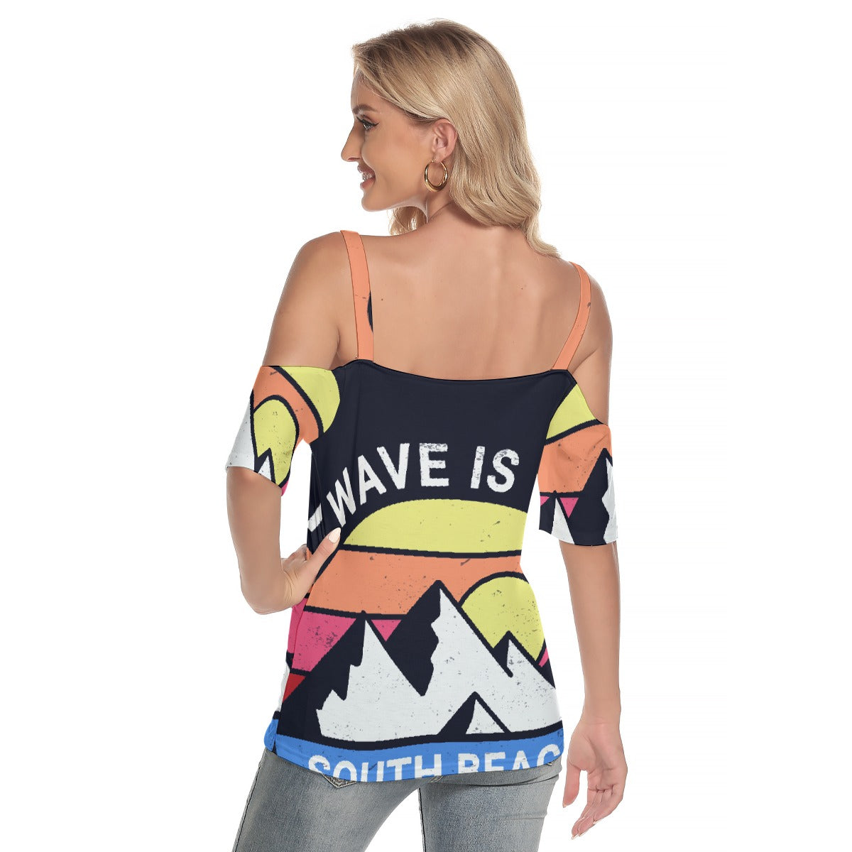 All-Over Print Women's Cold Shoulder T-shirt With Criss Cross Strips