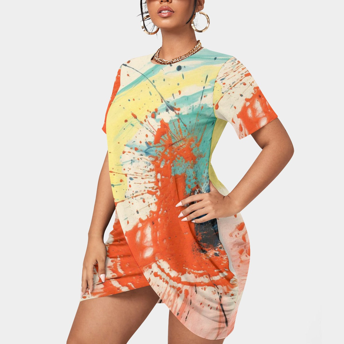 All-Over Print Women’s Stacked Hem Dress With Short Sleeve（Plus Size）