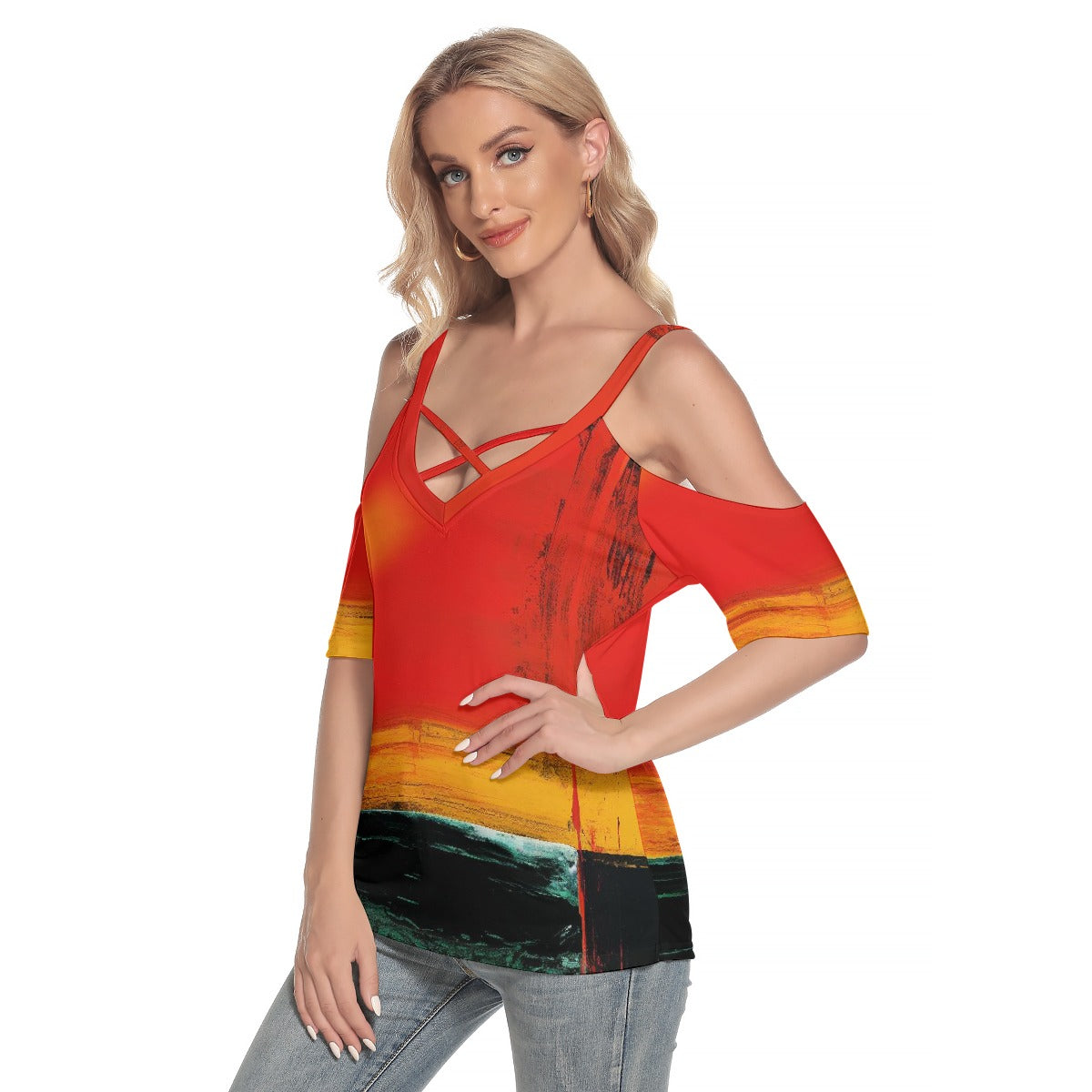 All-Over Print Women's Cold Shoulder T-shirt With Criss Cross Strips