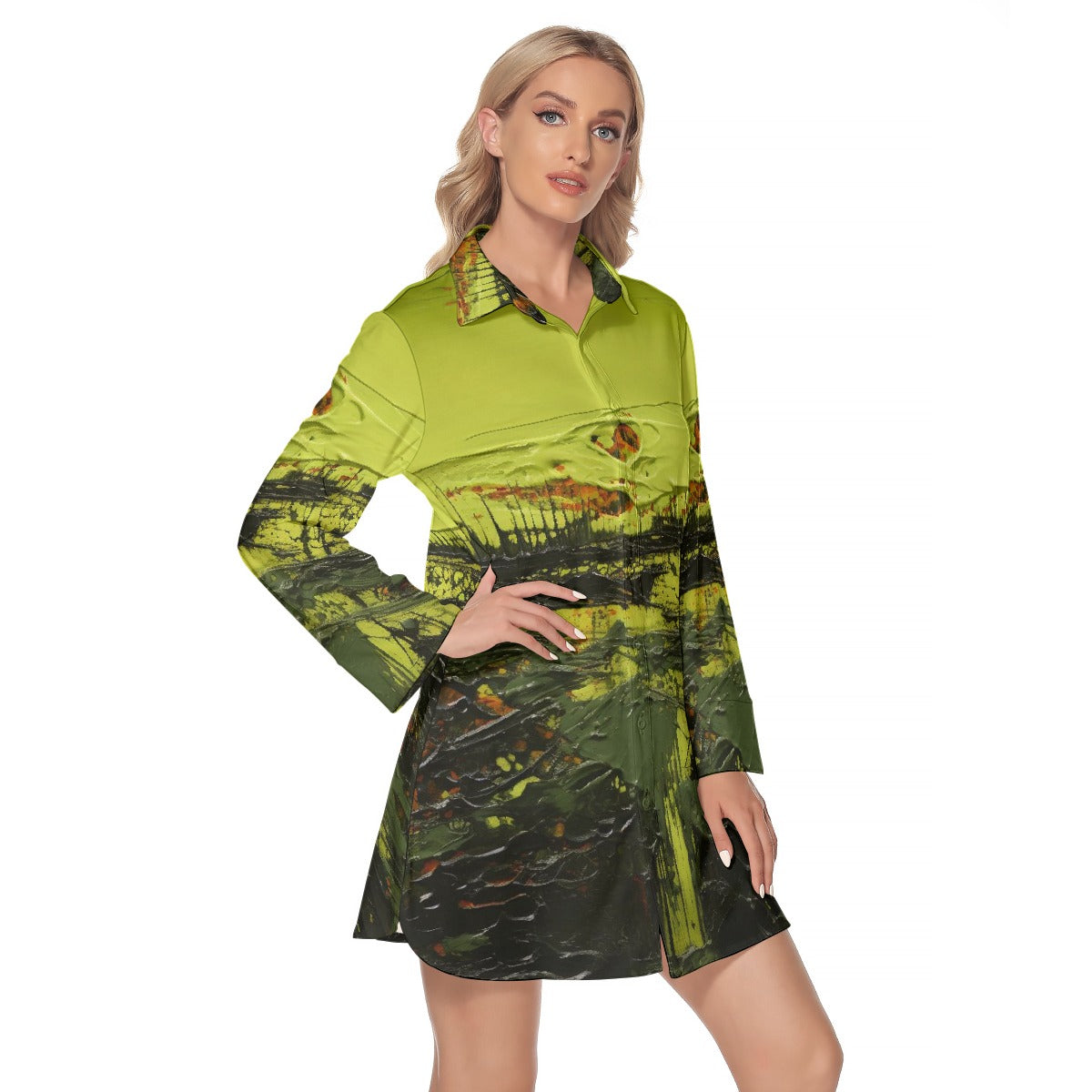 All-Over Print Women's Lapel Shirt Dress With Long Sleeve