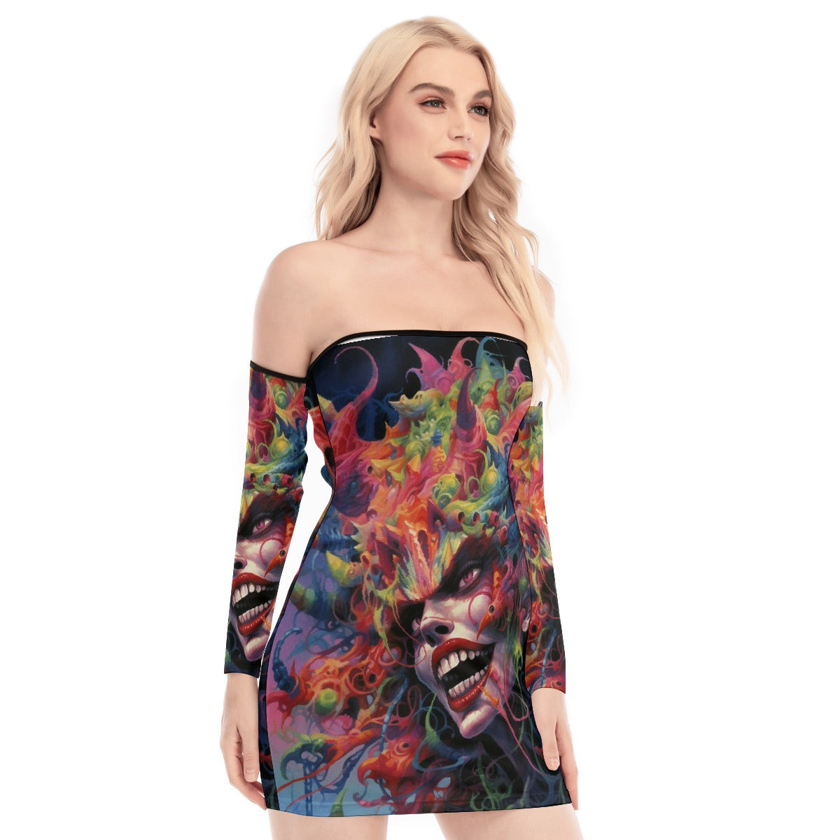 All-Over Print Women's Off-shoulder Back Lace-up Dress