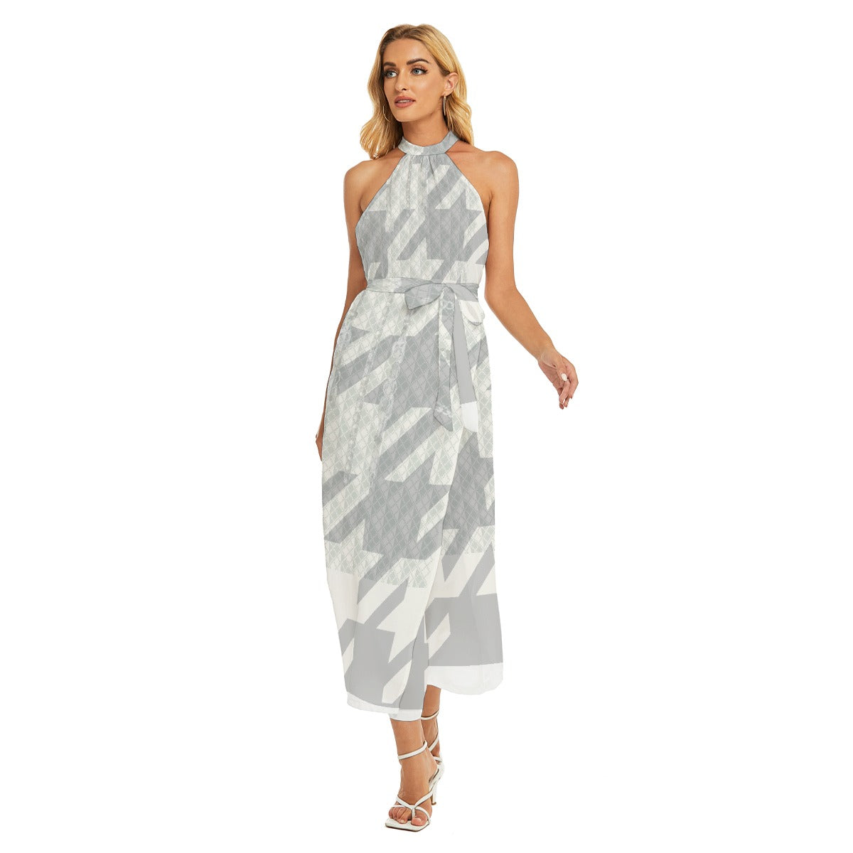 All-Over Print Women's Wrap Hem Belted Halter Dress