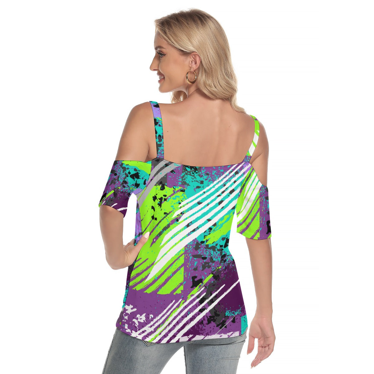 All-Over Print Women's Cold Shoulder T-shirt With Criss Cross Strips