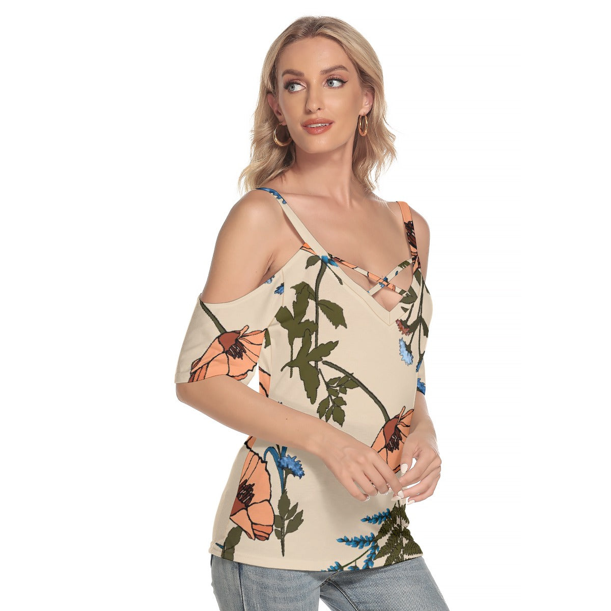 All-Over Print Women's Cold Shoulder T-shirt With Criss Cross Strips