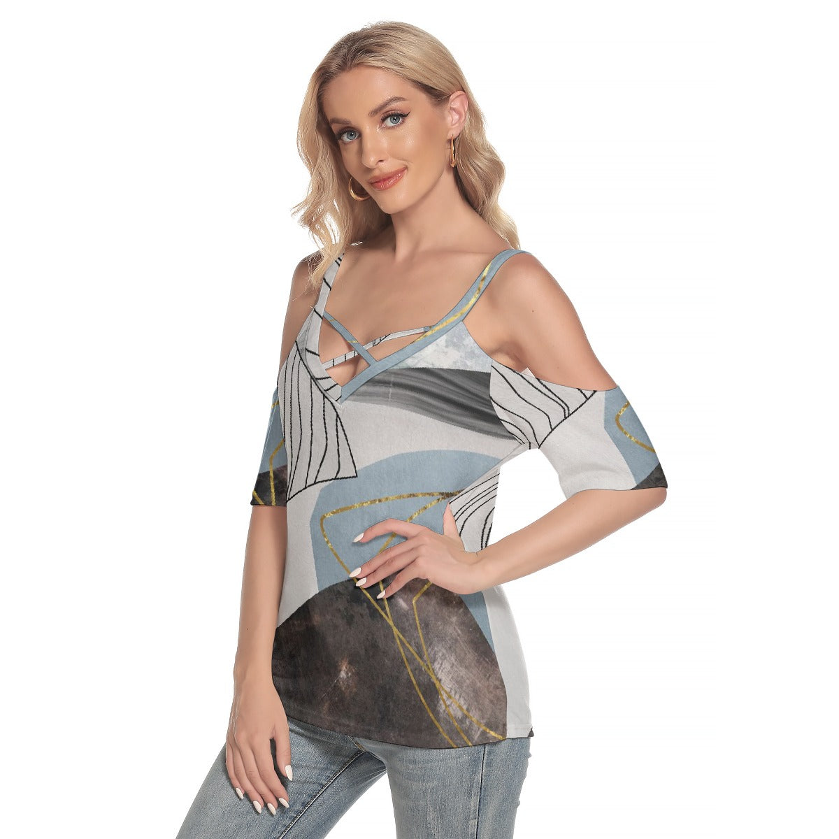 All-Over Print Women's Cold Shoulder T-shirt With Criss Cross Strips