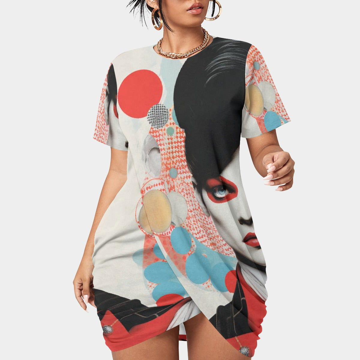 All-Over Print Women’s Stacked Hem Dress With Short Sleeve（Plus Size）