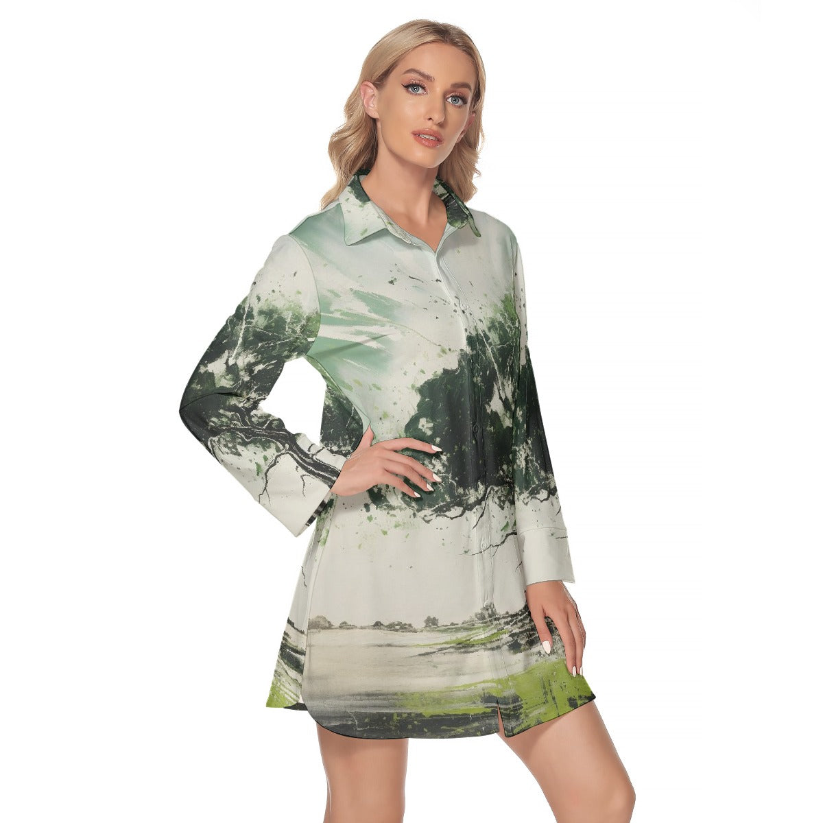 All-Over Print Women's Lapel Shirt Dress With Long Sleeve