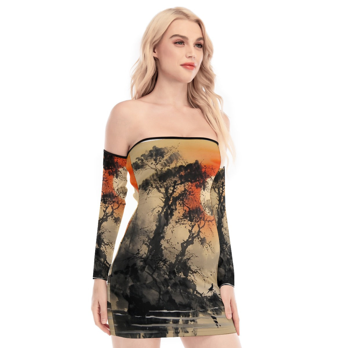 All-Over Print Women's Off-shoulder Back Lace-up Dress