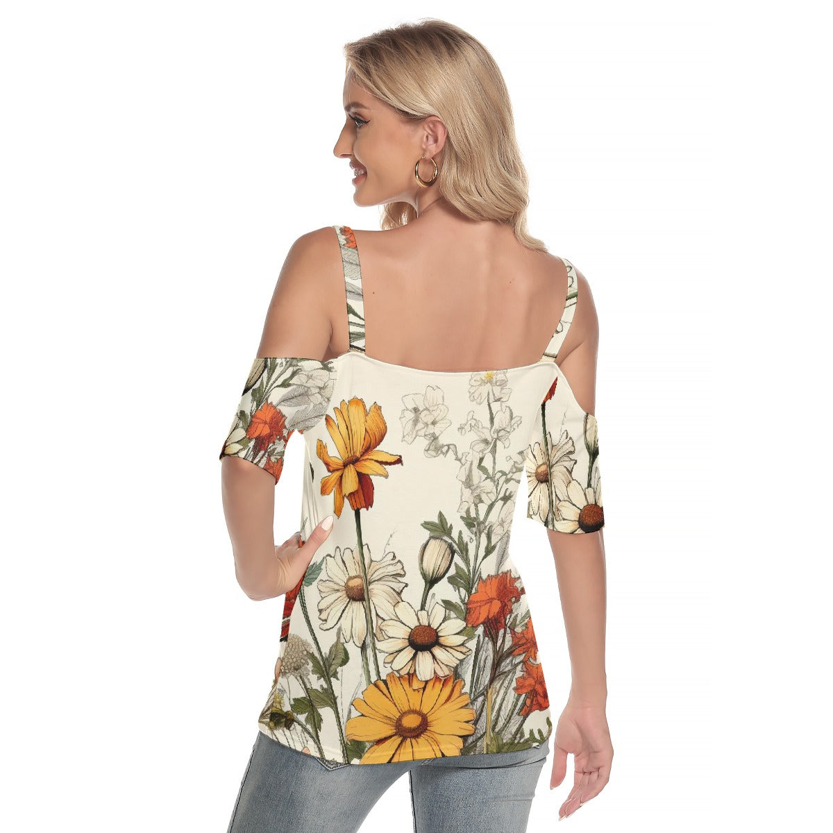 All-Over Print Women's Cold Shoulder T-shirt With Criss Cross Strips