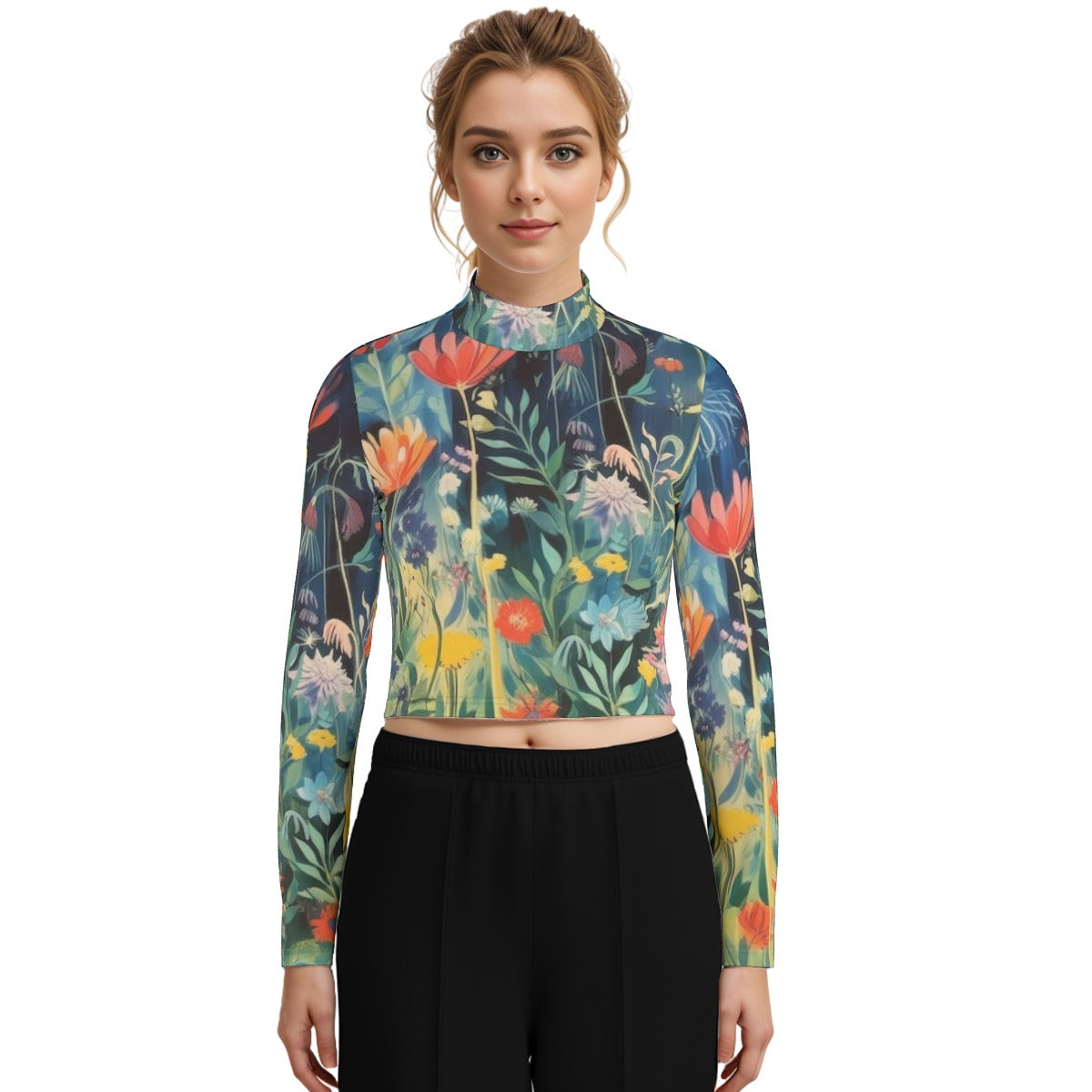 Eco-Friendly All-Over Print Women's Turtleneck T-shirt With Long Sleeve