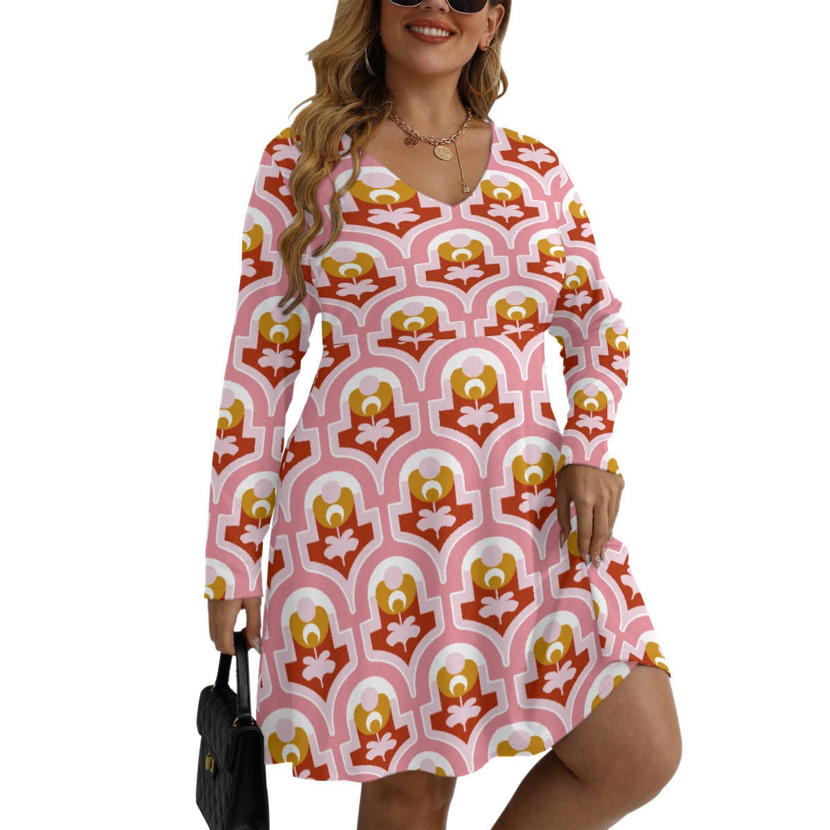 All-Over Print Women's V-neck Long Sleeve Dress(Plus Size)