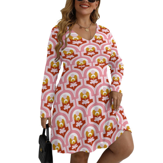 All-Over Print Women's V-neck Long Sleeve Dress(Plus Size)