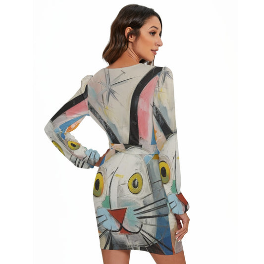 All-Over Print Women's Long Sleeve Dress With Waist Belt