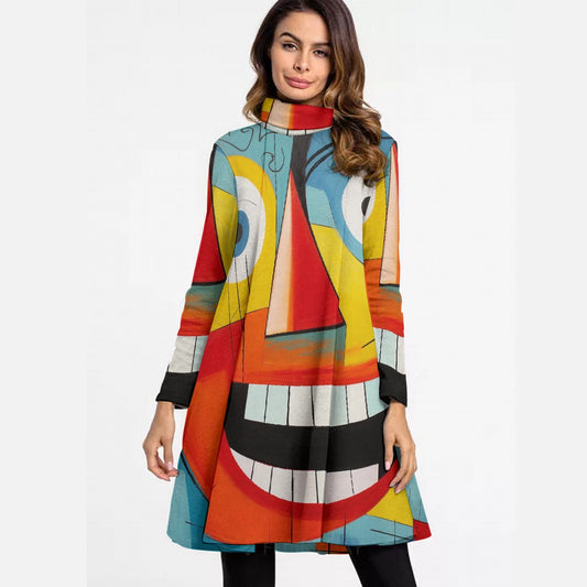 All-Over Print Women's High Neck Dress With Long Sleeve