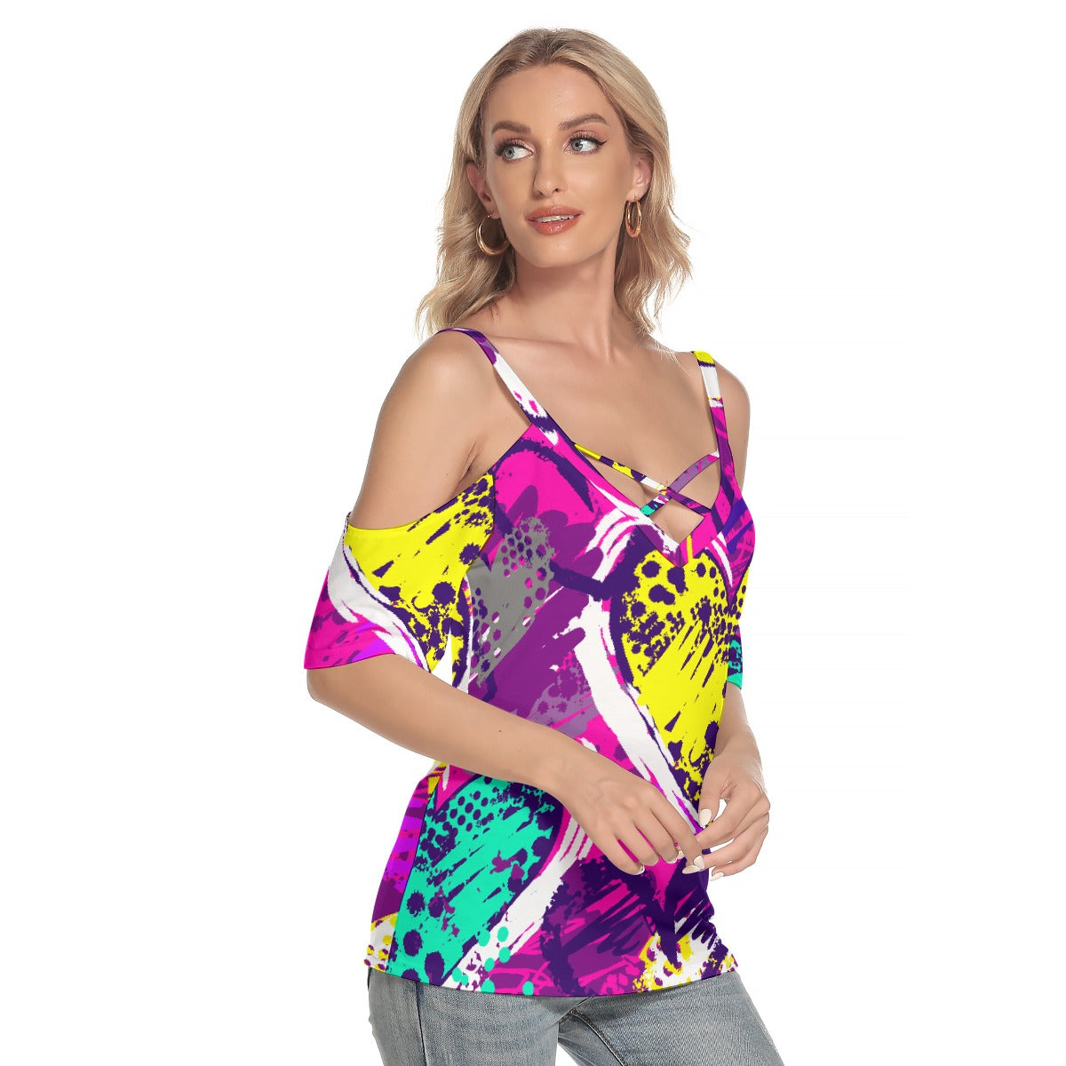 All-Over Print Women's Cold Shoulder T-shirt With Criss Cross Strips