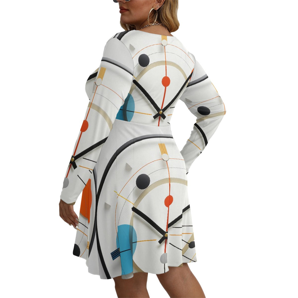 All-Over Print Women's V-neck Long Sleeve Dress(Plus Size)