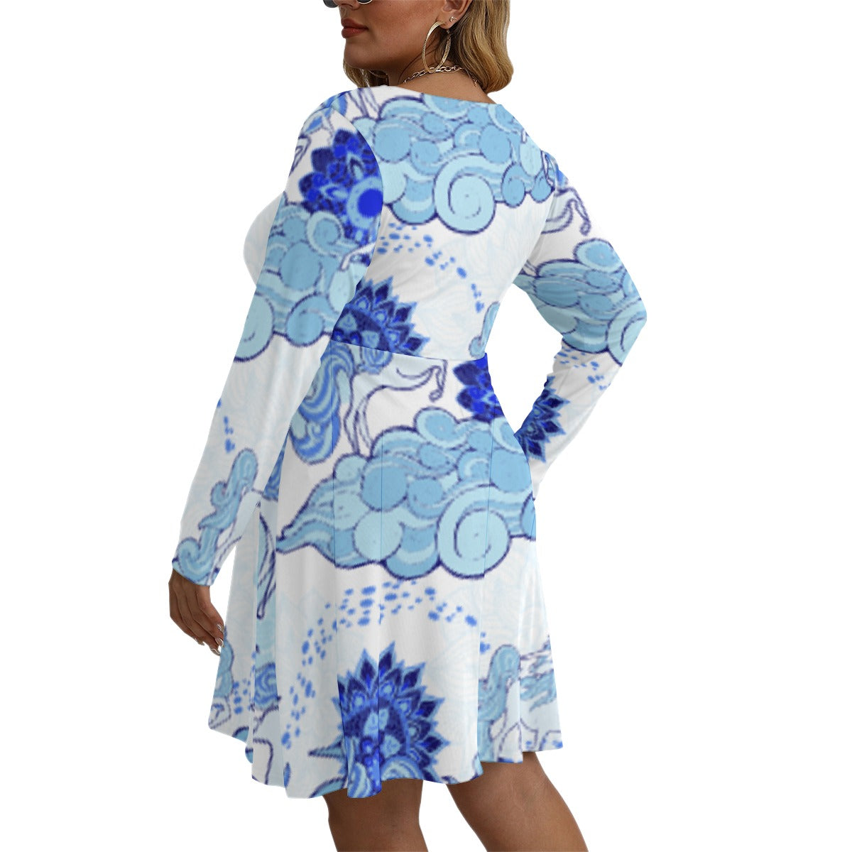 All-Over Print Women's V-neck Long Sleeve Dress(Plus Size)