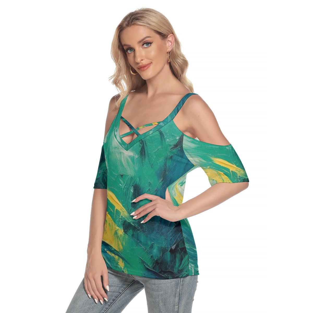 All-Over Print Women's Cold Shoulder T-shirt With Criss Cross Strips