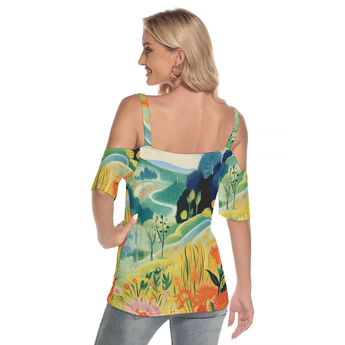 All-Over Print Women's Cold Shoulder T-shirt With Criss Cross Strips