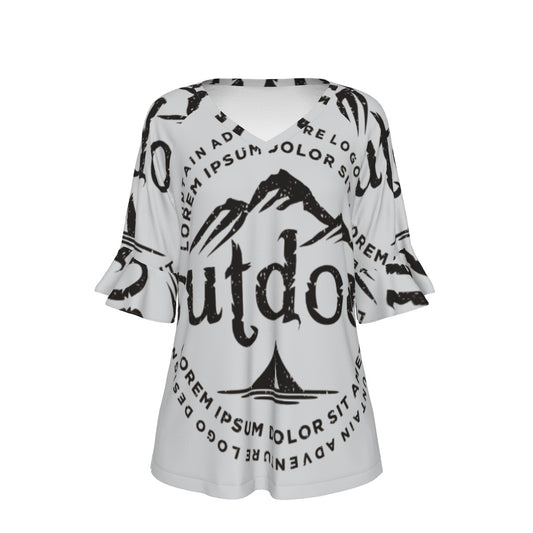 All-Over Print V-neck Women's T-shirt With Bell Sleeve