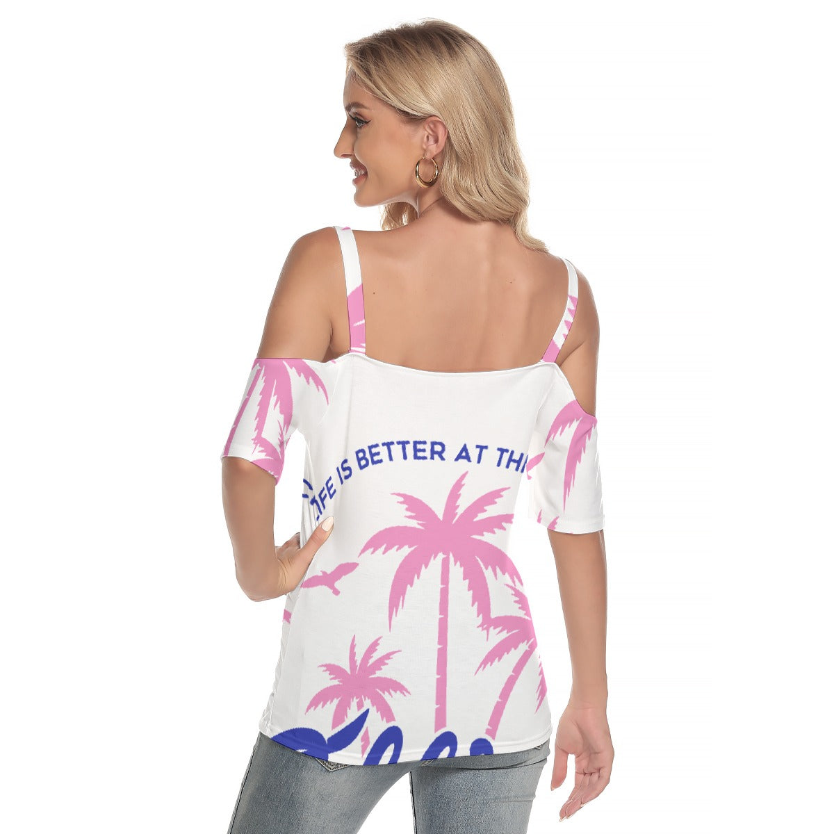 All-Over Print Women's Cold Shoulder T-shirt With Criss Cross Strips