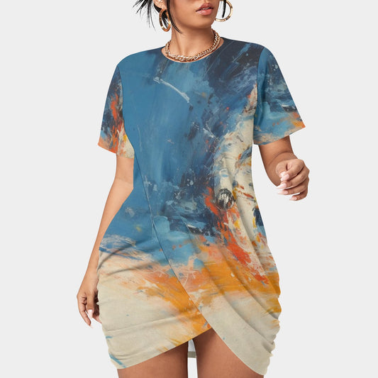 All-Over Print Women’s Stacked Hem Dress With Short Sleeve（Plus Size）