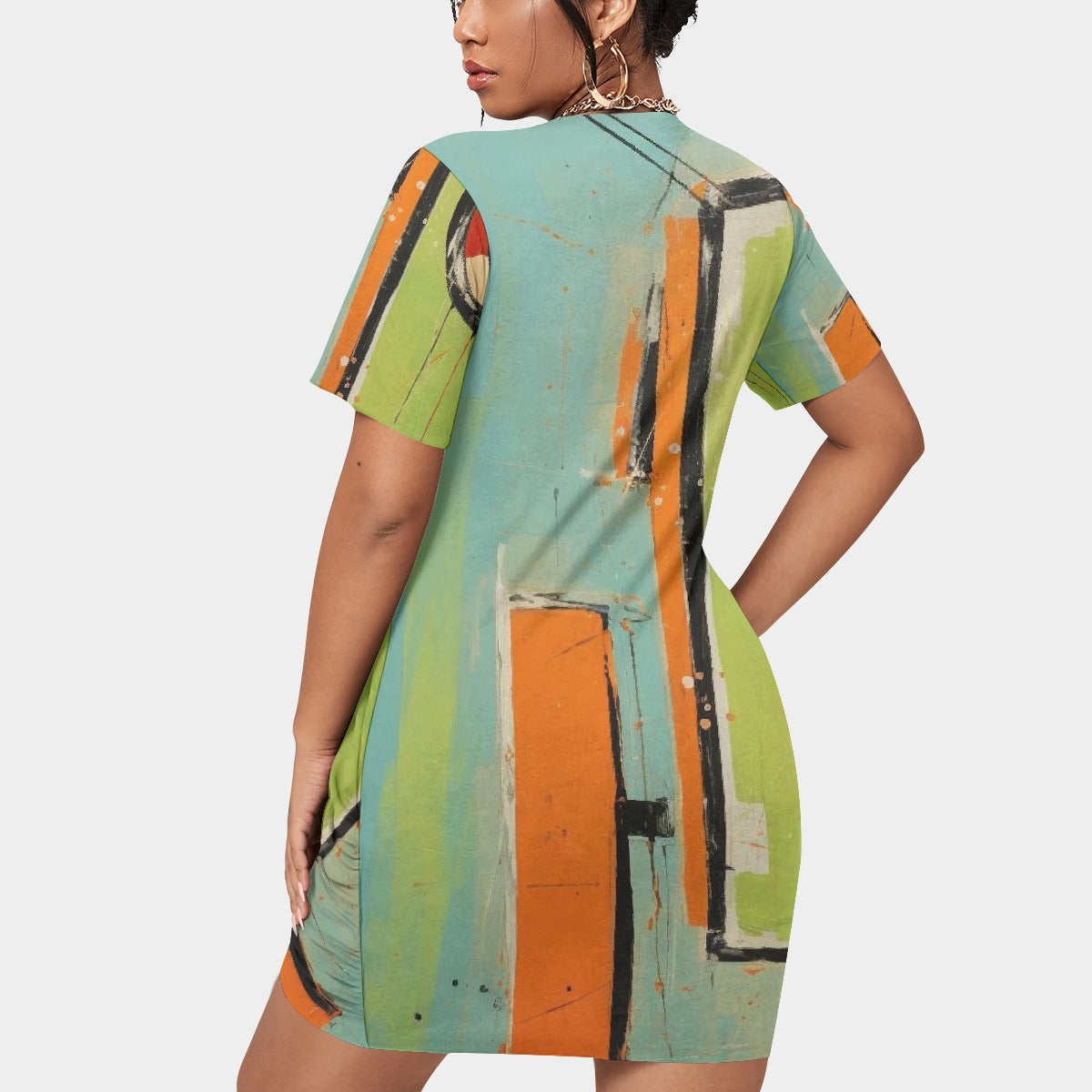 All-Over Print Women’s Stacked Hem Dress With Short Sleeve（Plus Size）