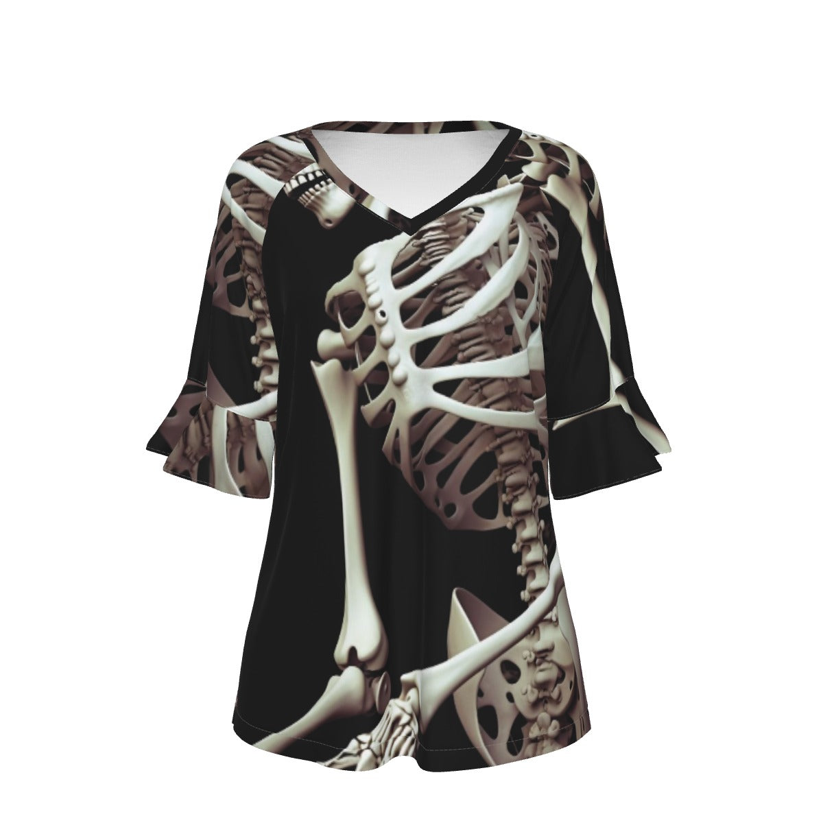 All-Over Print V-neck Women's T-shirt With Bell Sleeve