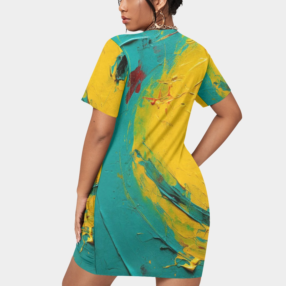 All-Over Print Women’s Stacked Hem Dress With Short Sleeve（Plus Size）