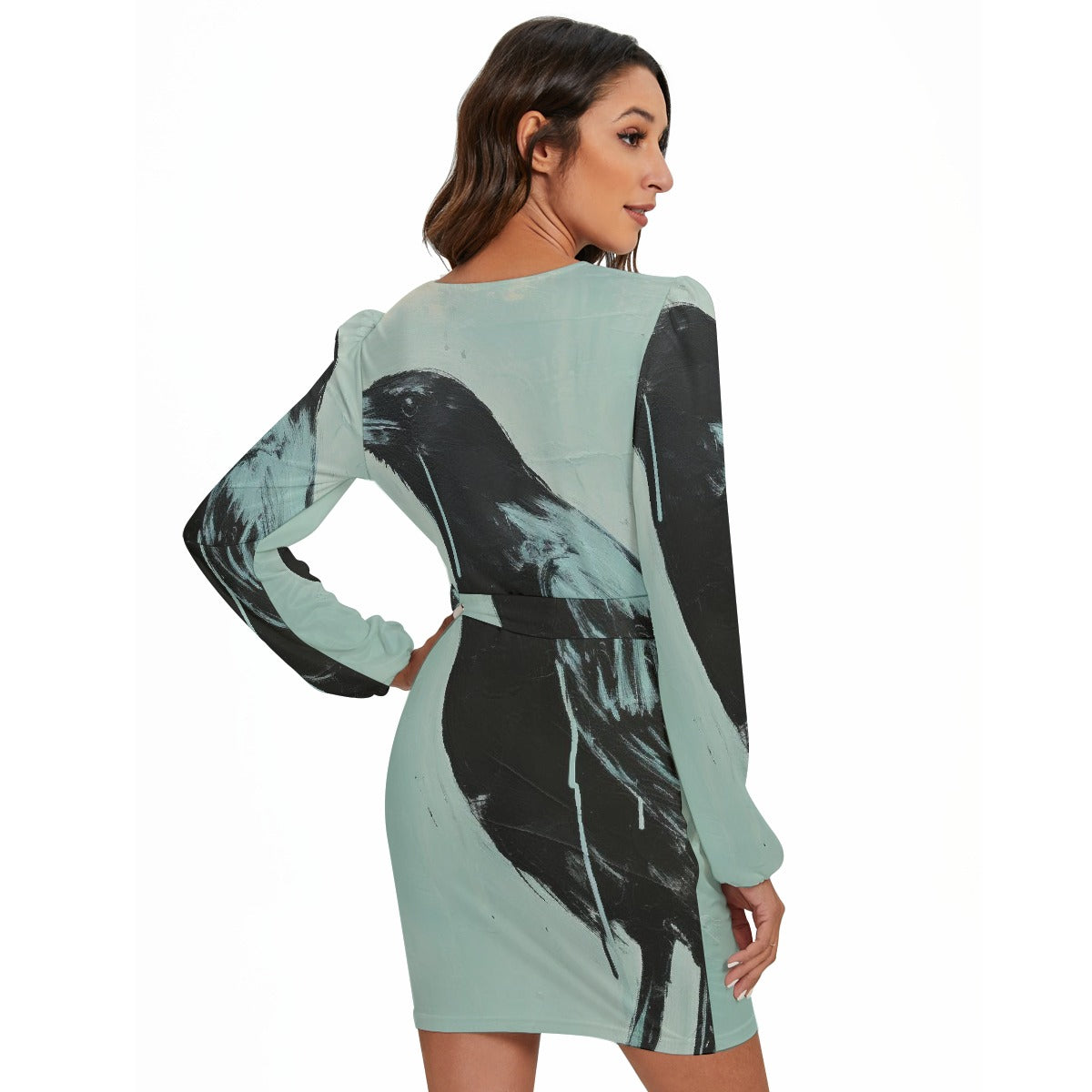 All-Over Print Women's Long Sleeve Dress With Waist Belt