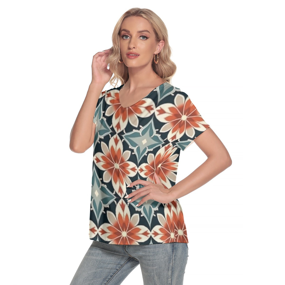 All-Over Print Women's Loose V-neck Short Sleeve T-shirt