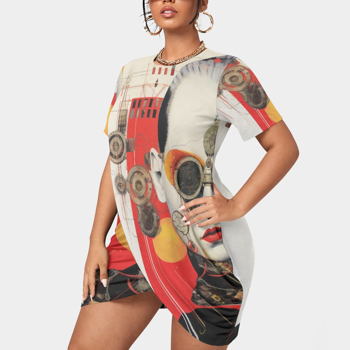 All-Over Print Women’s Stacked Hem Dress With Short Sleeve（Plus Size）