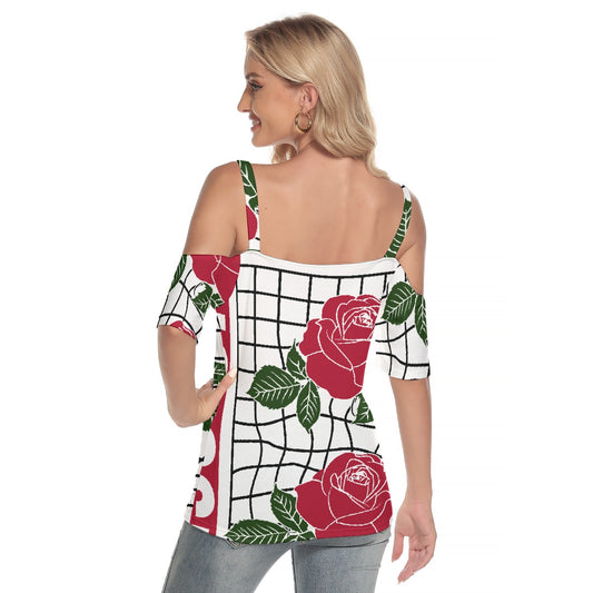 All-Over Print Women's Cold Shoulder T-shirt With Criss Cross Strips